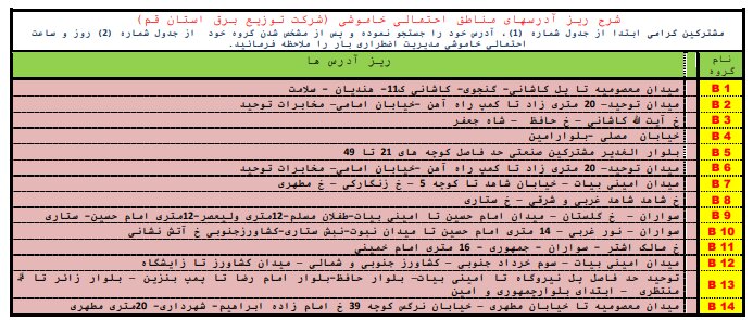 جدول خاموشی اضطراری در قم / ۲۱ مردادماه