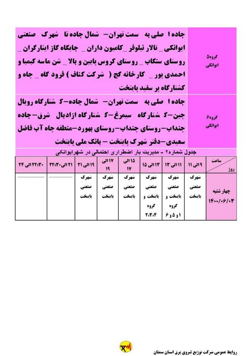 برنامه خاموشی احتمالی برق استان سمنان برای چهارشنبه ۳ شهریور اعلام شد