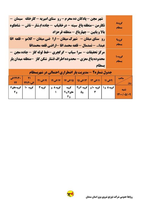 برنامه خاموشی احتمالی برق استان سمنان در روز شنبه ۹ مرداد اعلام شد