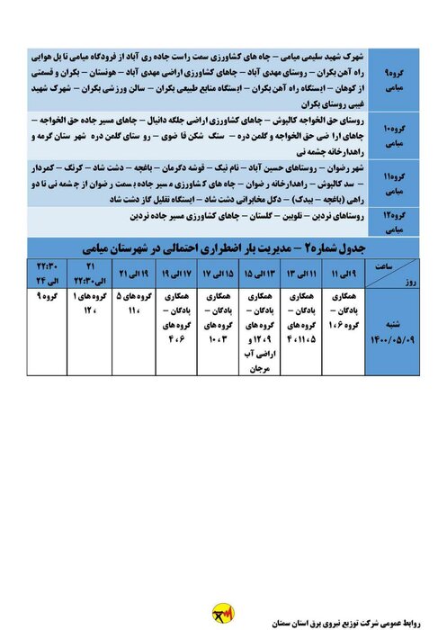 برنامه خاموشی احتمالی برق استان سمنان در روز شنبه ۹ مرداد اعلام شد