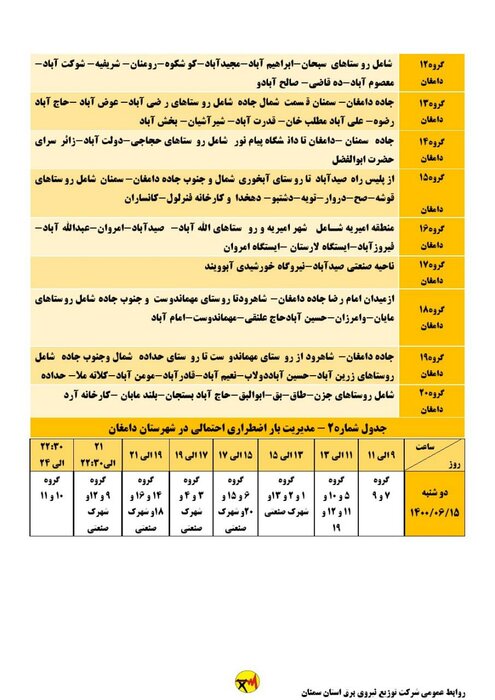 برنامه خاموشی احتمالی برق استان سمنان برای دوشنبه ۱۵شهریور اعلام شد