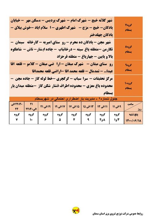 برنامه خاموشی احتمالی برق استان سمنان در پنجشنبه ۱۸ شهریور اعلام شد