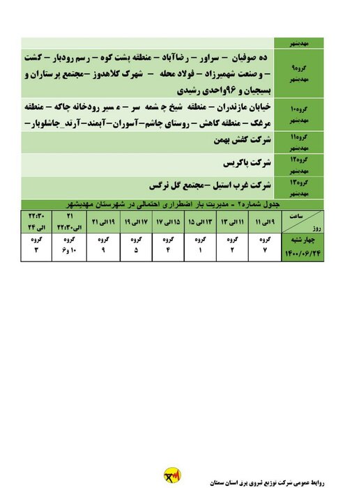 برنامه خاموشی احتمالی برق استان سمنان در چهارشنبه ۲۴ شهریور اعلام شد