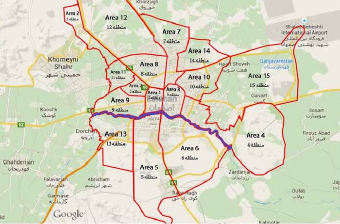 نقشه شهر اصفهان و مناطق شهرداری شهر اصفهان