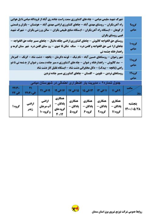 برنامه خاموشی احتمالی برق استان سمنان در روز پنجشنبه ۲۸ مرداد اعلام شد