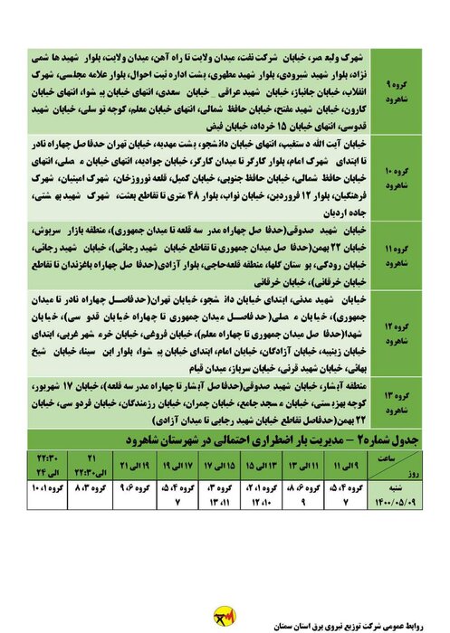 برنامه خاموشی احتمالی برق استان سمنان در روز شنبه ۹ مرداد اعلام شد