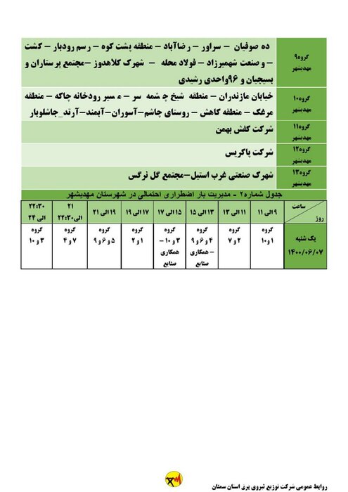 برنامه خاموشی احتمالی برق استان سمنان برای یکشنبه هفتم شهریور اعلام شد