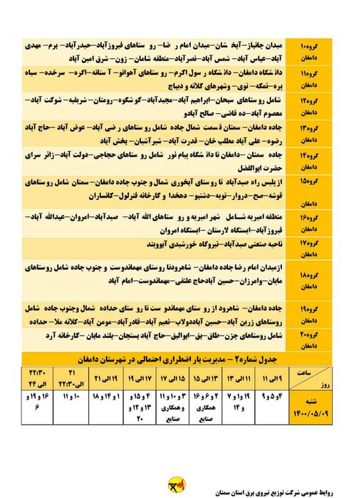 برنامه خاموشی احتمالی برق استان سمنان در روز شنبه ۹ مرداد اعلام شد